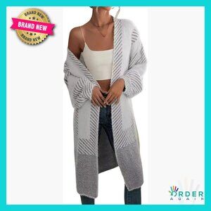 Fuzzy Long Cardigan Sweater Open Front Diagonal Stripe Knit Jacket Coat